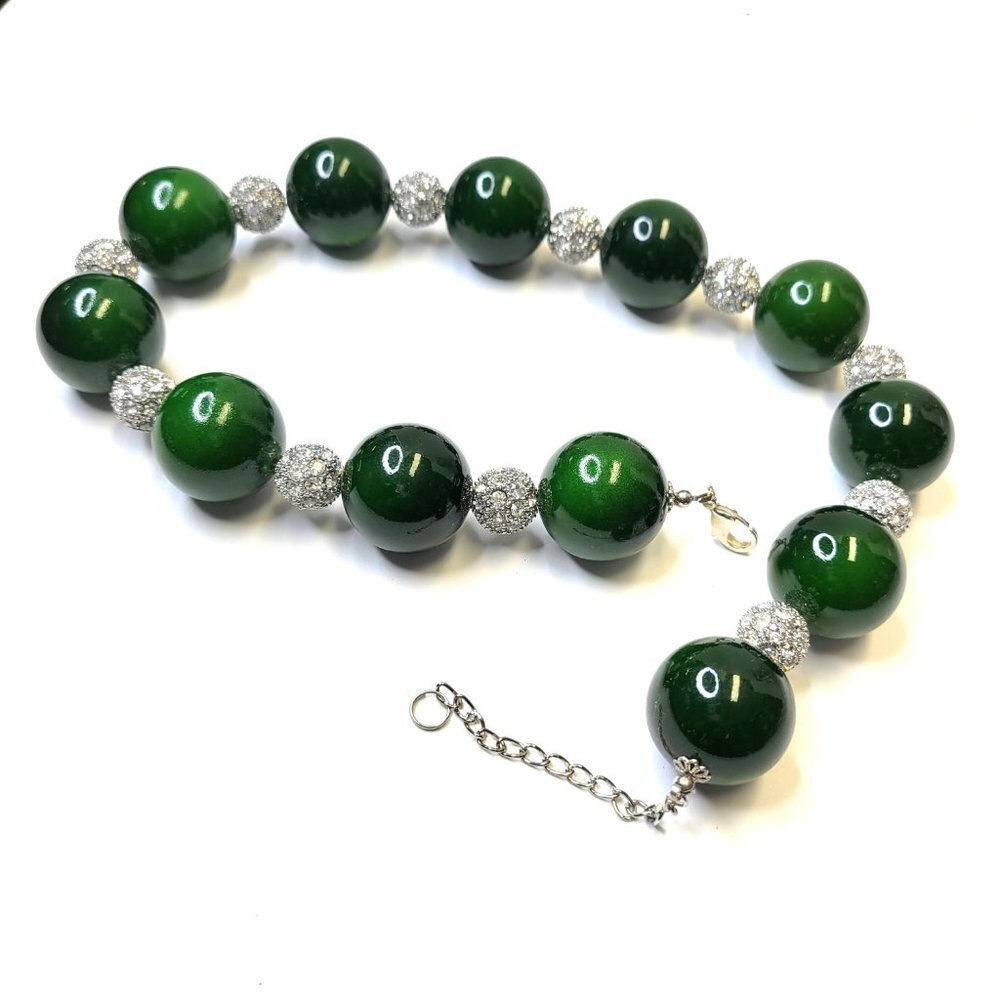 Green Bead Necklace Choker with Crystal Beads